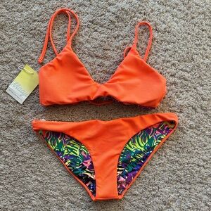 Maaji Orange Bikini Set with Tropical Print Reversible Sz L NWT